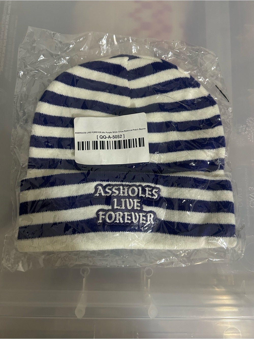 Assholes Live Forever purple and white striped beanie NWT